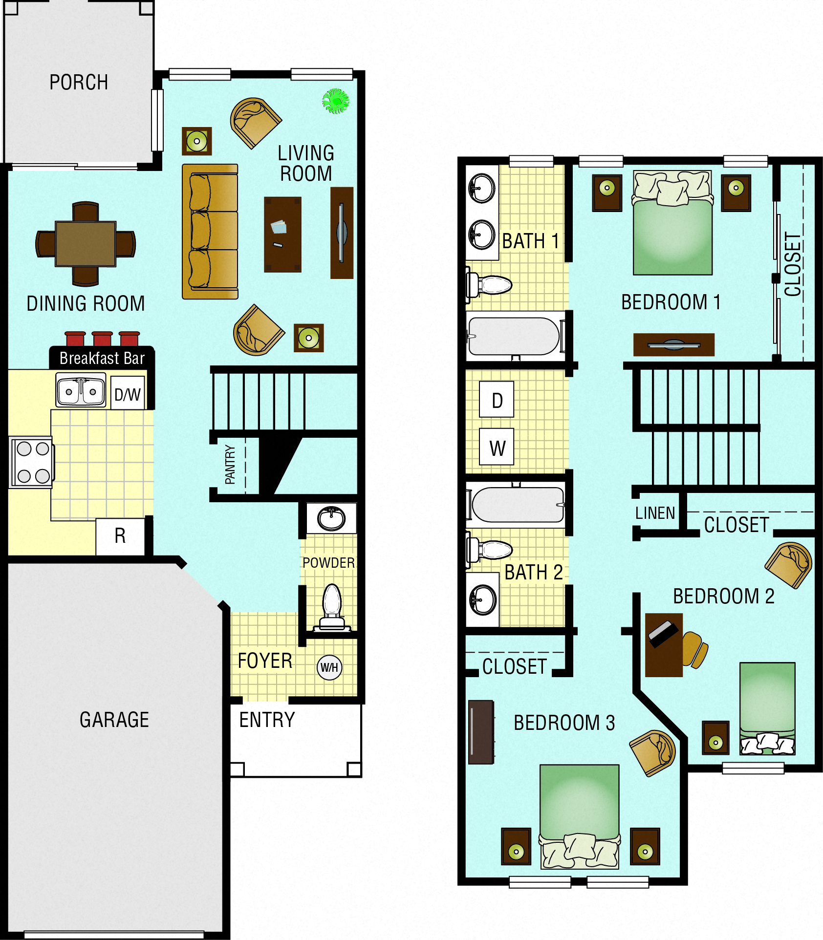 Floor plan for 3 beds, 2 baths, 1306 sqft